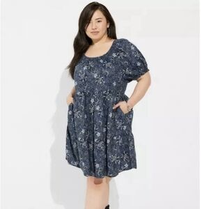 NEW Torrid Chambray Blue Floral Boho Short Sleeve Mini Dress Size 2 (2X)